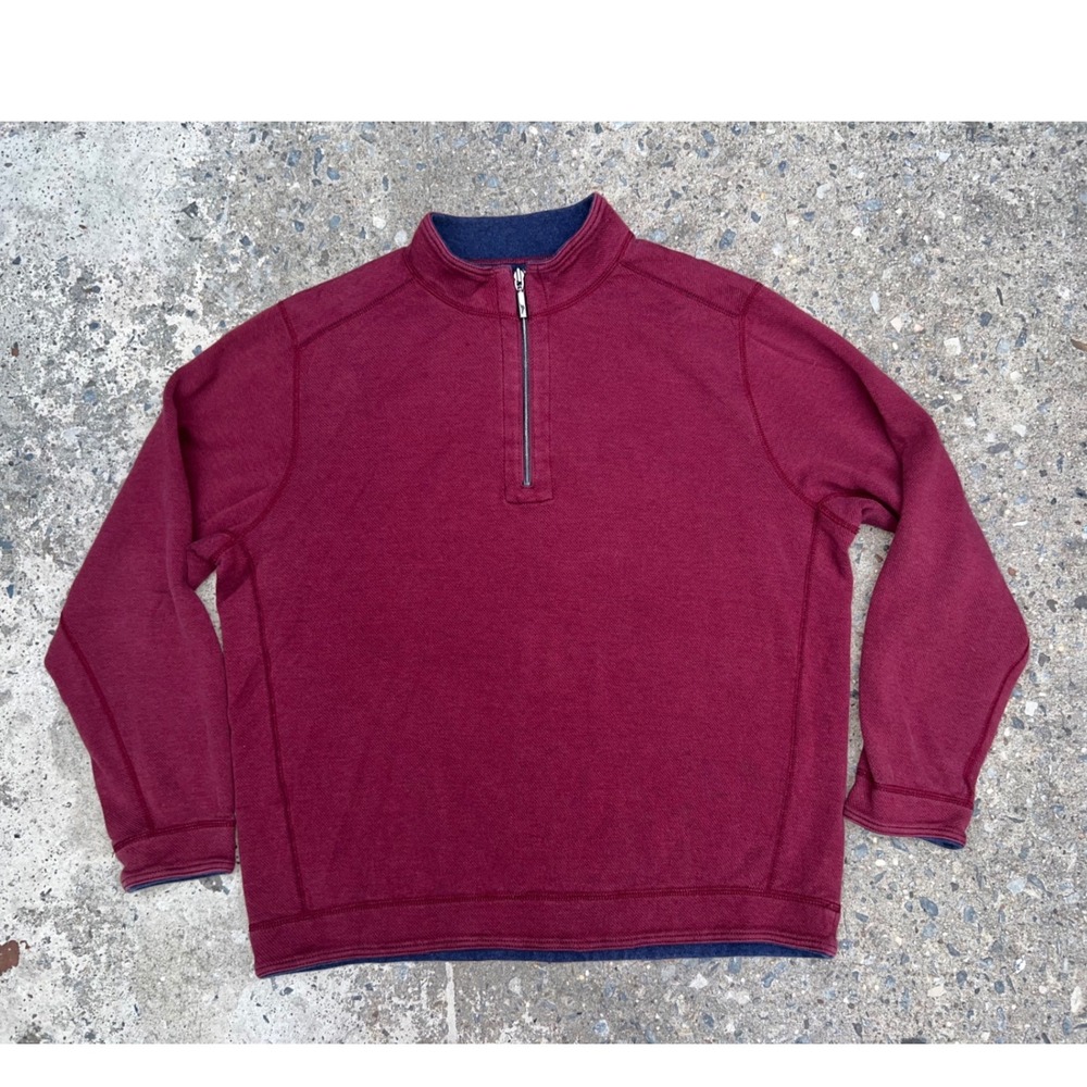 Tommy Bahama Mens Burgundy Red Quarter Zip Pullover Textured Sweatshirt XL